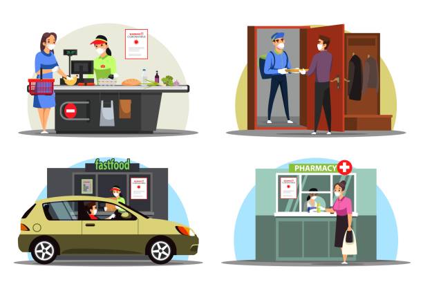 Masked people in distance service scenes set, coronavirus pandemic Masked people in distance service scenes set. Woman buys food in supermarket, medicines in pharmacy. Courier home delivery, fast food in Drive Thru counter. Vector illustration of coronavirus pandemic quick service restaurant cashier stock illustrations