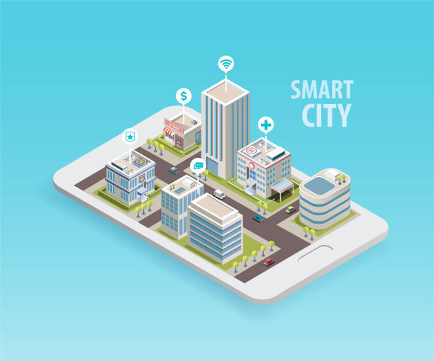 smart city or smart building isometric vector concept. A modern smart city Vector illustration. isometric smart city stock illustrations