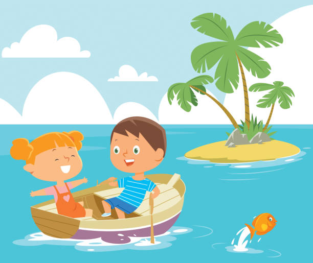 ilustrações, clipart, desenhos animados e ícones de menino barco de remo com menina como passageiro - tropical climate white background palm tree leaf