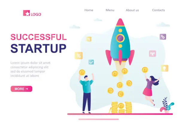 Vector illustration of Successful startup landing page template. Happy businesspeople. Developers or investors with gold coins.