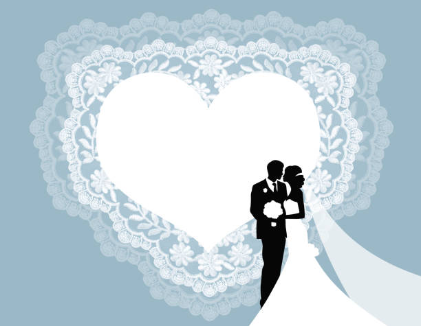 istock Invitation, greeting or wedding card with white lace and wedding silhouettes. 1251543899