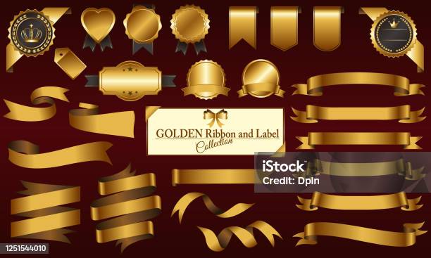 リボンとラベルセット ゴールド - リボンのベクターアート素材や画像を多数ご用意 - リボン, 金属 金, 金色