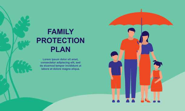 Family Protection Plan. Business And Insurance Concept. Vector Flat Cartoon Illustration. A Life Insurance That Can Help Families Protect Their Futures And Ease Financial Burdens. hispanic family stock illustrations
