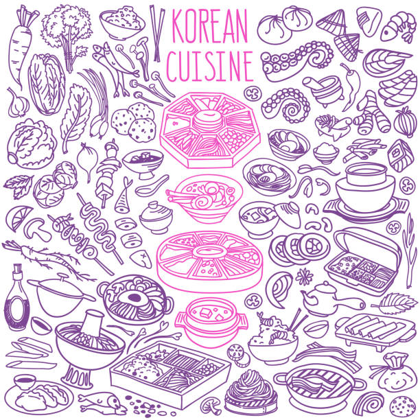Korean food doodle set isolated on white background. Asian cuisine - bibimbap, gimbap, hot pot, bbq grill, kimchi, soju. Vector illustrations for cafe menu, chalkboards korean food stock illustrations