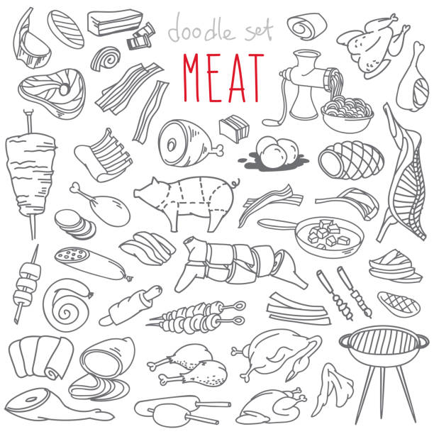 ilustraciones, imágenes clip art, dibujos animados e iconos de stock de conjunto de garóculas de carne. - roast chicken illustrations