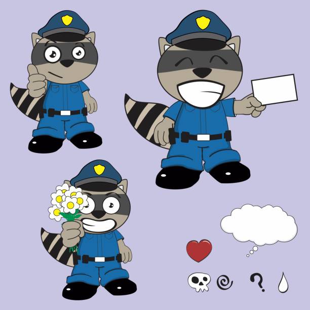 funny raccoon cartoon with police man custome set collection3 funny raccoon cartoon with police man custome set collection in vector format sad kawaii teddy bear stock illustrations