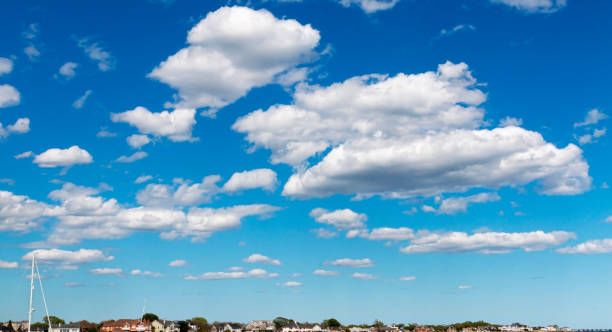 Thick white puffy clouds looking low over the horizon.