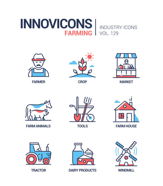 Farming - modern colorful line design style icons Farming - modern colorful line design style icons. Agriculture industry, life in a country idea. Farmer, crop, market, farm animals, tools, farm house, tractor, dairy products, windmill images farmer symbols stock illustrations