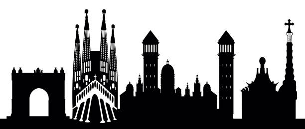 Barcelona Skyline Vector Barcelona Symbols arc de triomf barcelona stock illustrations