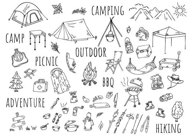 손으로 그린 일러스트: 야외 캠핑 - camping stock illustrations