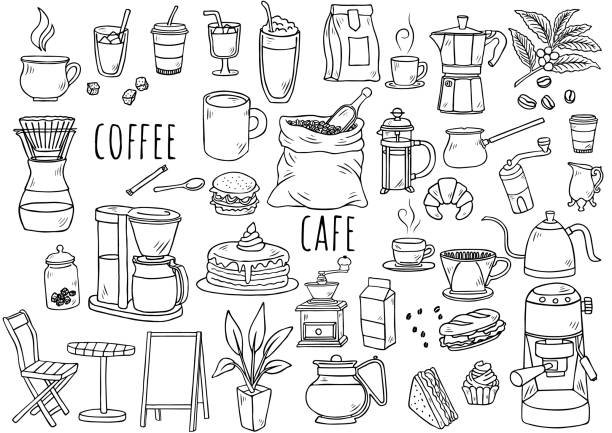 illustrazioni stock, clip art, cartoni animati e icone di tendenza di illustrazione disegnata a mano: prodotti del caffè - coffee coffee bean coffee grinder cup