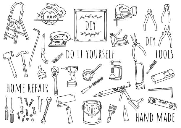 handgezeichnete illustration: diy - home improvement hammer saw work tool stock-grafiken, -clipart, -cartoons und -symbole