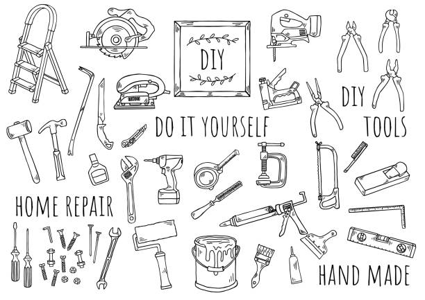 ilustraciones, imágenes clip art, dibujos animados e iconos de stock de ilustración dibujada a mano: diy - llave de tuercas