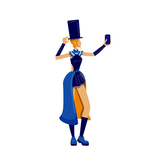 Vintage costume flat color vector faceless character Vintage costume flat color vector faceless character. Retro outfit. Woman in dress for festival take selfie. Female cosplayer isolated cartoon illustration for web graphic design and animation steampunk woman stock illustrations