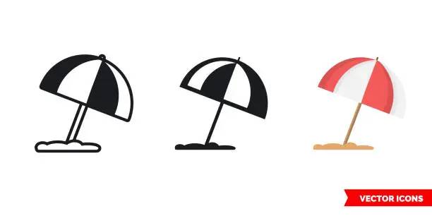 Vector illustration of Beach umbrella icon of 3 types. Isolated vector sign symbol