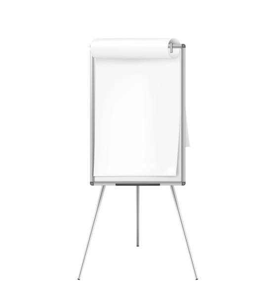 ilustrações, clipart, desenhos animados e ícones de cavalete flipchart com folha de papel em branco, maquetidade vetorial. tripé flip chart pad quadro branco, mockup realista - flipchart whiteboard easel chart