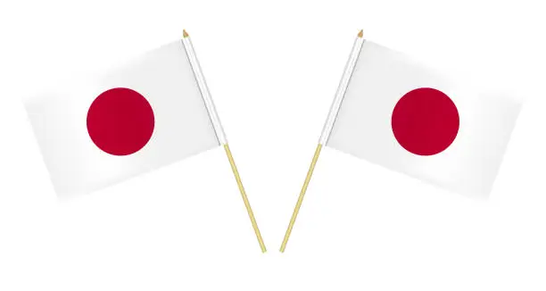 Vector illustration of Two small Japanese flags isolated on white background, vector illustration. Flag of Japan on pole