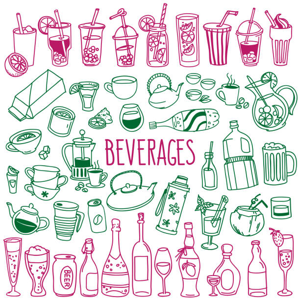 ilustrações de stock, clip art, desenhos animados e ícones de drinks doodles set. alcoholic and non-alcoholic beverages. - wine bar beer bottle beer