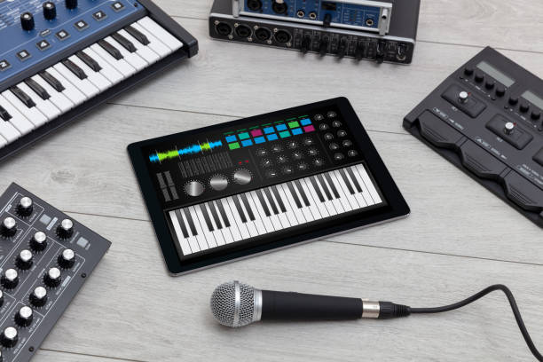 istock Piano app on tablet and musical instrument concept 1251549374
