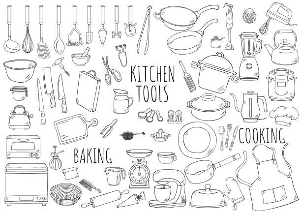 handgezeichnete illustration: küchenwerkzeuge - kochen stock-grafiken, -clipart, -cartoons und -symbole