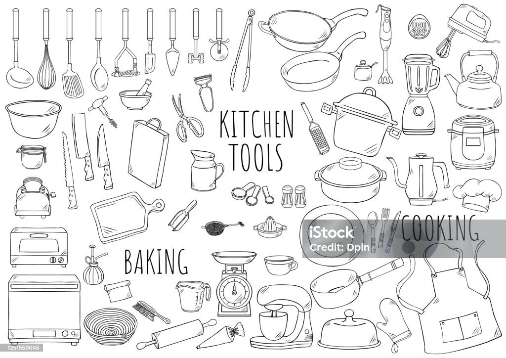 Illustrazione disegnata a mano: utensili da cucina - arte vettoriale royalty-free di Cucina
