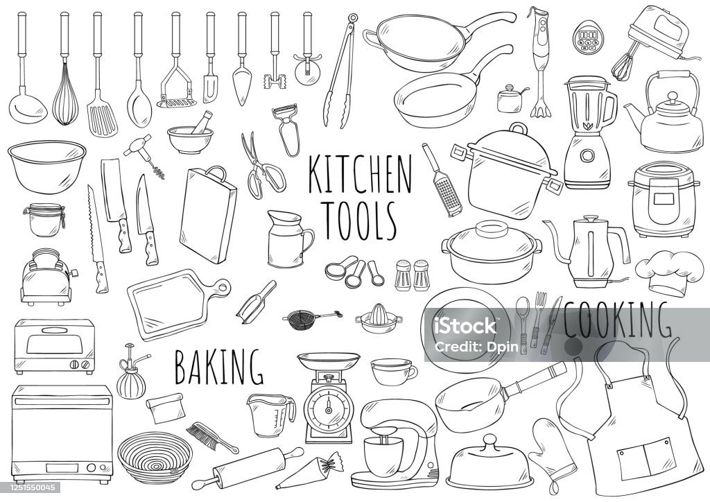 Hand drawn illustratie: keukenhulpmiddelen - Royalty-free Keuken vectorkunst