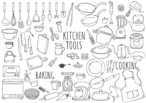 Hand drawn illustration: kitchen tools watercolor color