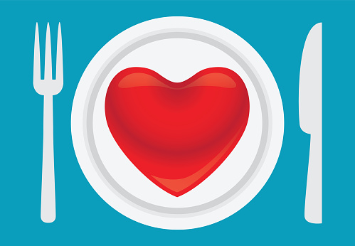 Shape of heart on dish, knife, fork, Vector illustration in flat style