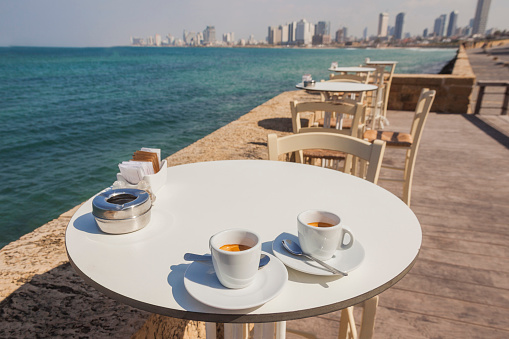 Morning coffee on the promenade in the old city of Jaffa, Tel Aviv, Israel