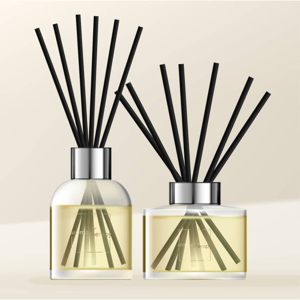 Vector Aromatic Diffuser with Pastel Yellow Scented Oil & Black Reeds Vector Aromatic Diffuser with Pastel Yellow Scented Oil & Black Reeds home fragrance stock illustrations
