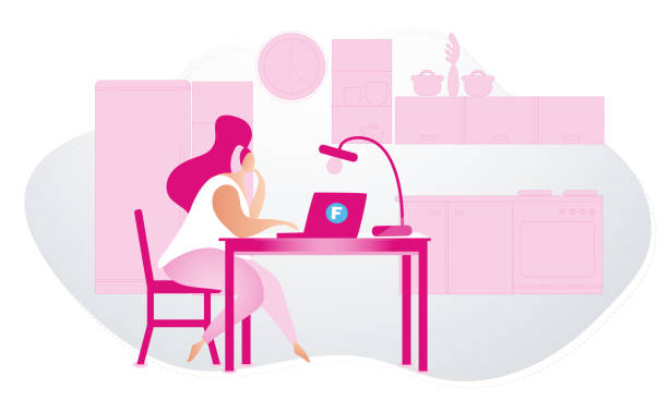 Girl freelancer sitting behind kitchen table in the kitchen. vector art illustration