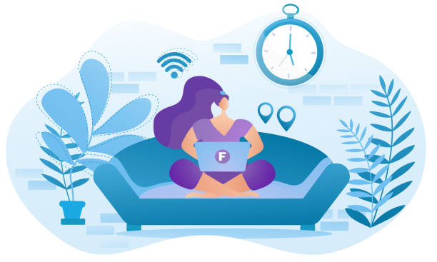 Freelancer female sitting on the sofa and typing. vector art illustration