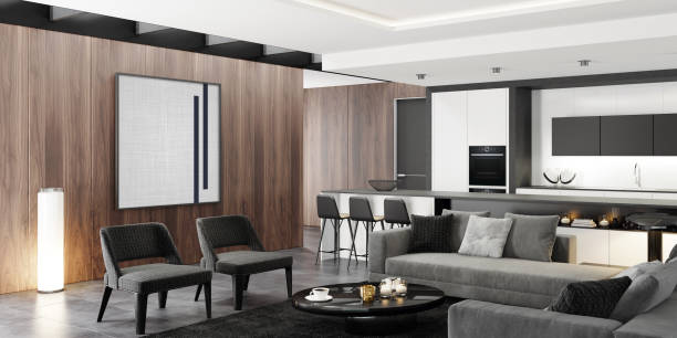 istock Luxury modern interior living room with modern minimalist Italian style open space kitchen with big long kitchen island. 1251558256