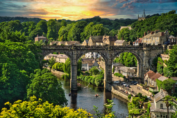 Knaresborough Viaduct in Yorkshire A view of the Viaduct from Knaresborough Castle, North Yorkshire, UK. Summer greenery at sunset. north yorkshire photos stock pictures, royalty-free photos & images