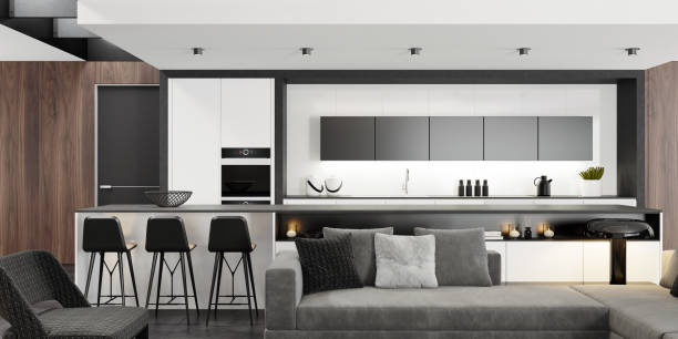 istock Luxury modern interior living room with modern minimalist Italian style open space kitchen with big long kitchen island. 1251558450