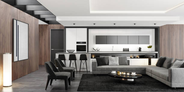 istock Luxury modern interior living room with modern minimalist Italian style open space kitchen with big long kitchen island. 1251558485