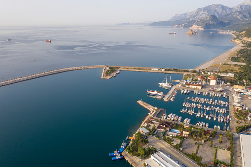 Aerial view of yatch marina. Taken via drone.  Antalya, Turkey