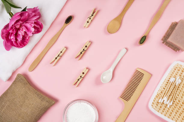 istock Zero waste bathroom accessories, bamboo toothbrush, wooden comb, handmade solid soap, tooth powder, washcloth made of natural herbs. Modern sustainable lifestyle concept. Flat lay style. 1251562702