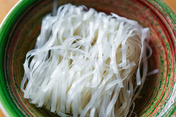 Traditional Asian ramen noodle soup in ceramic bowl