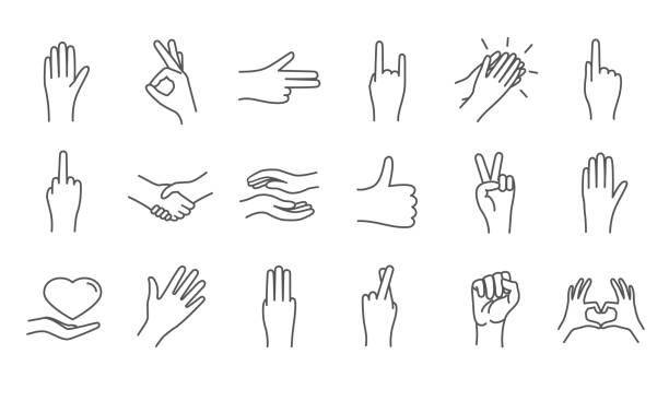 großer satz von linien gezeichneten handsymbolen - hands in the middle stock-grafiken, -clipart, -cartoons und -symbole