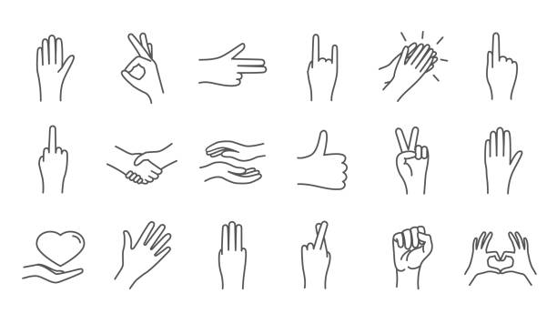 Large set of line drawn hand icons Large set of line drawn hand icons showing assorted signs with gun, horns, perfect, love, victory, peace, shaking hands, thumbs up, fist and rude gestures on white for vector design elements positive negative slide stock illustrations
