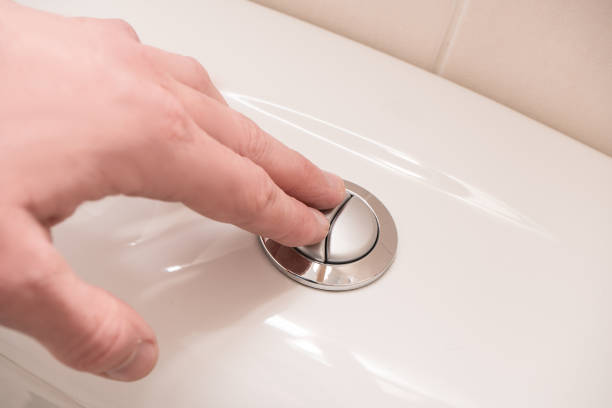 istock Toilet flushing. Hand on the button. 1251565475