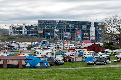 Bristol, TN, USA - March 17, 2012: In the hills of northeast Tennessee, race fans camp outside Bristol Motor Speedway during the NASCAR race weekend.