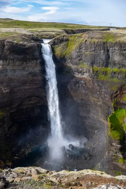 View of the landscape of the Haifoss waterfall in Iceland.