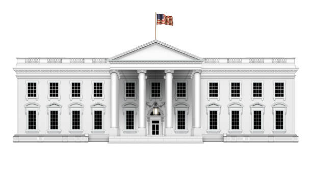 North View of the White House with No Extra Roof Structures – Isolated. 3D Illustration Simple north view of the White House, with U.S. flag waving overhead, including front porch with hanging lamp; isolated. 3D Illustration primary election photos stock pictures, royalty-free photos & images
