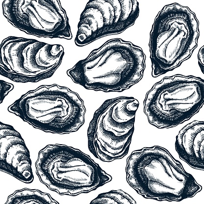 Hand drawn oyster shells seamless pattern. Vector package, banner, cover, wrapping paper template with trendy seafood elements. Realistic cooked oysters background. Seafood backdrop.