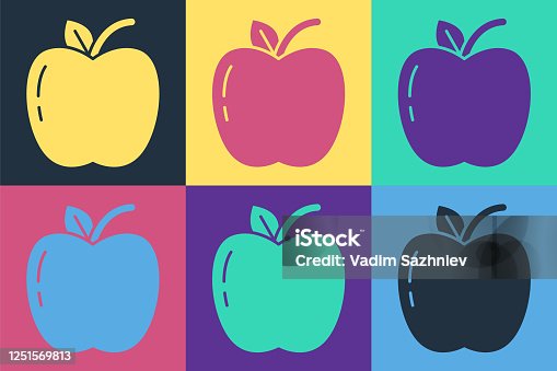 istock Pop art Apple icon isolated on color background. Fruit with leaf symbol. Vector Illustration 1251569813