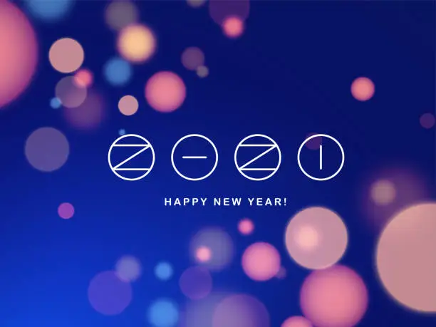 Vector illustration of Happy New Year 2021 logo text design. Vector modern minimalistic text with numbers. Concept design. Christmas background with blur, boken, light, glare effects, stars, snowflakes, snow.