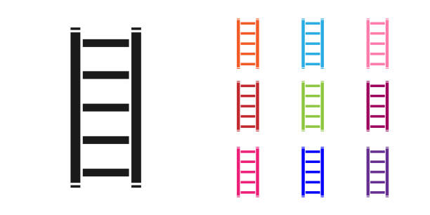 Black Fire escape icon isolated on white background. Pompier ladder. Fireman scaling ladder with a pole. Set icons colorful. Vector Illustration Black Fire escape icon isolated on white background. Pompier ladder. Fireman scaling ladder with a pole. Set icons colorful. Vector Illustration ladder stock illustrations