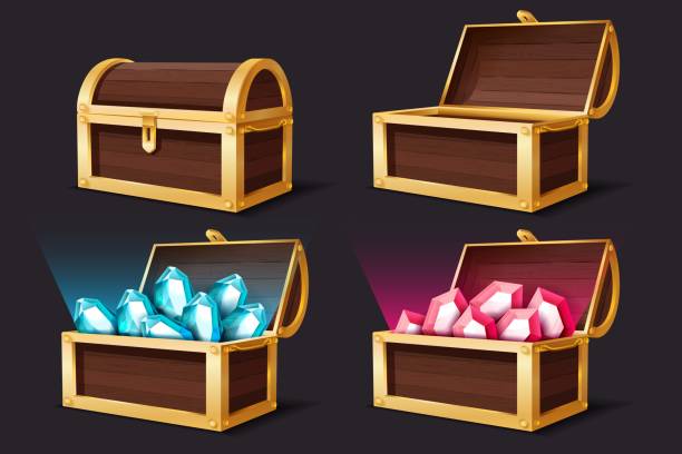 Treasure chest. Closed and open chests with gems jewelry. Medieval mystery pirate treasures illustration for game cartoon vector set Treasure chest. Closed and open gold chests with gems jewelry. Medieval mystery pirate treasures ruby and topaz illustration for game cartoon vector set chest stock illustrations